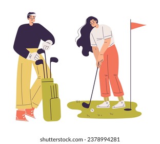 Man and Woman Character Golf Playing Training with Golf Clubs on Green Grass Vector Illustration