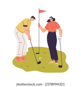 Man and Woman Character Golf Playing Training with Golf Clubs on Green Grass Vector Illustration