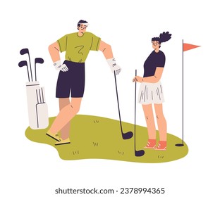 Man and Woman Character Golf Playing Training with Golf Clubs on Green Grass Vector Illustration