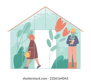Man and Woman Character at Greenhouse Planting and Cultivating Crops Vector Illustration