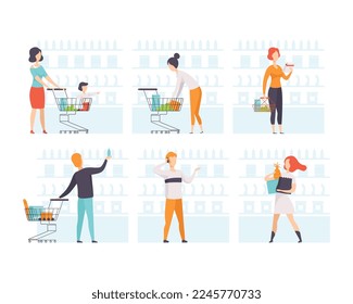 Man and Woman Character at Grocery Store with Shopping Cart and Basket Near Shelf Vector Set