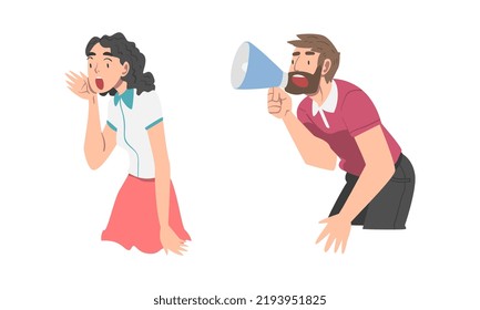 Man and Woman Character with Hand Near Mouth and Megaphone Shouting or Screaming Loud Vector Set