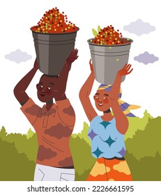 Man and Woman Character Harvesting Coffee Carrying Bucket with Fresh Fruit on Head Vector Illustration