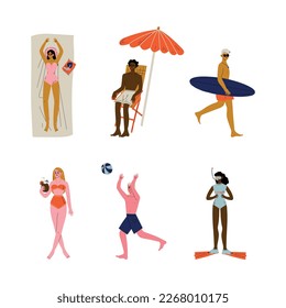 Man and Woman Character Having Summer Vacation on Sea Shore Wearing Swimsuit and Sunbathing Vector Set