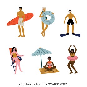 Man and Woman Character Having Summer Vacation on Sea Shore Wearing Swimsuit and Sunbathing Vector Set