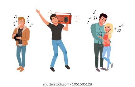 Man and Woman Character with Headphones Listening to Music and Picking up the Tune Vector Set