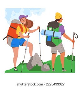 Man and Woman Character Hiking in the Mountains with Pole and Backpack Vector Illustration