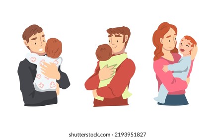 Man and Woman Character Holding Baby with Arms Nursing Him Vector Illustration Set