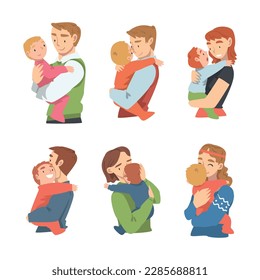 Man and Woman Character Holding Baby with Arms Nursing Him Vector Set