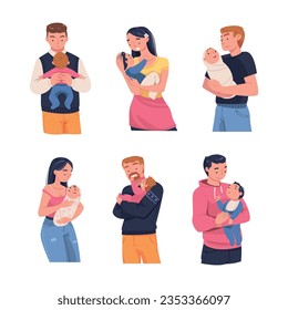 Man and Woman Character Holding Baby with Arms Nursing Him Vector Illustration Set