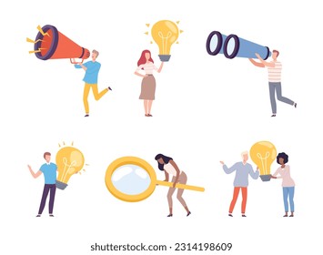 Man and Woman Character Holding Big Lightbulb, Binocular, Magnifying Glass and Megaphone Vector Illustration Set