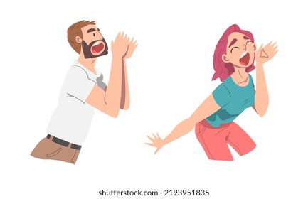 Man and Woman Character Holding Hand Near Mouth Shouting or Screaming Loud Vector Set