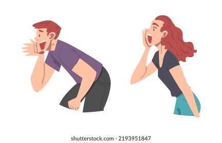 Man and Woman Character Holding Hand Near Mouth Shouting or Screaming Loud Vector Set