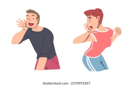 Man and Woman Character Holding Hand Near Mouth Shouting or Screaming Loud Vector Set