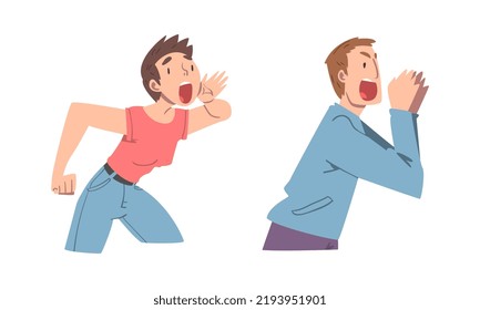 Man and Woman Character Holding Hand Near Mouth Shouting or Screaming Loud Vector Set