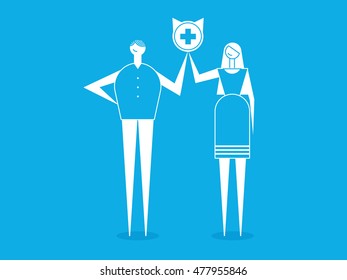 Man and woman character holding a pet clinic symbol. Vector illustration.