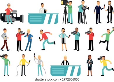Man and Woman Character as Journalist or Reporter from Studio Broadcasting the News with Cameraman Filming Vector Illustration Set
