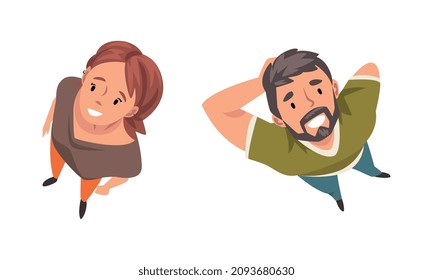 Man and Woman Character Looking Up View from Above Vector Set