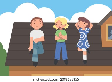 Man and Woman Character Lying on the Roof Sky Watching Vector Illustration