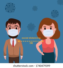 man and woman character with mask maintain social distancing to prevent from virus spreading and flu prevention, coronavirus, social isolation and self quarantine concept.