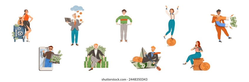 Man and Woman Character with Money Coin and Banknote Vector Set