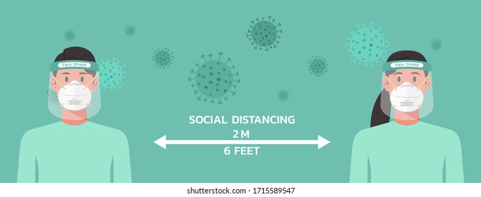 man and woman character with n95 mask and face shield maintain social distancing to prevent from virus spreading and flu prevention, coronavirus, social isolation and self quarantine concept