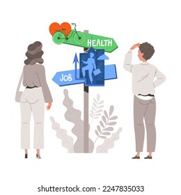 Man and Woman Character Near Direction Post Choosing Between Health and Work Having Dilemma Comparing Vector Illustration