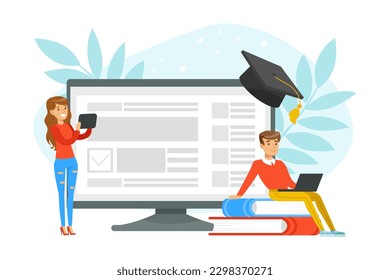 Man and Woman Character Near Huge Computer with Graduation Hat and Books Lookig for Job Vacancy on Site Vector Illustration