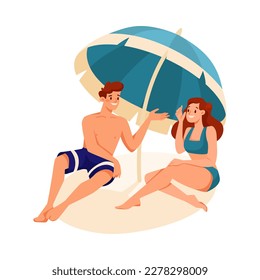 Personaje masculino y femenino en la playa bajo el paraguas, bañándose en sol con traje de baño. Ilustración