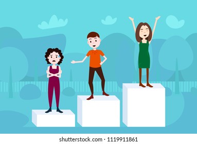 man woman character on podium loser winner success concept template for design work and animation on blue background full length flat vector illustration
