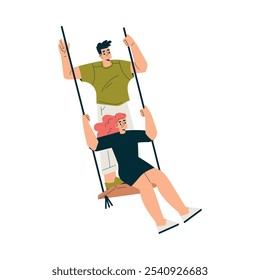 Man and Woman Character on Swing Hang with Rope Enjoy Recreation Vector Illustration