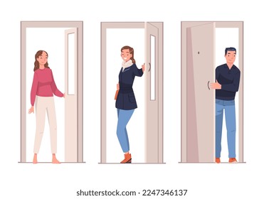 Man and Woman Character at Open Door Leaving and Coming Home Vector Set