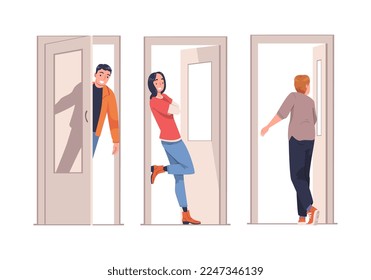 Man and Woman Character at Open Door Leaving and Coming Home Vector Set