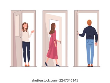 Man and Woman Character at Open Door Leaving and Coming Home Vector Set