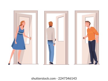 Man and Woman Character at Open Door Leaving and Coming Home Vector Set