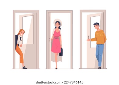 Man and Woman Character at Open Door Leaving and Coming Home Vector Set