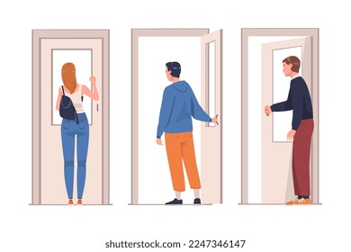 Man and Woman Character at Open Door Leaving and Coming Home Vector Set