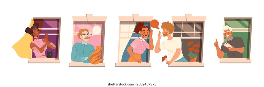 Man and Woman Character in Open Window as Neighbor Vector Illustration Set