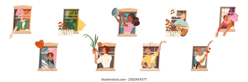 Man and Woman Character in Open Window as Neighbor Vector Illustration Set