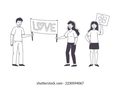 Man and Woman Character Partaking in Demonstration for Peace with Placard Vector Set