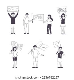 Man and Woman Character Partaking in Demonstration for Peace with Placard Vector Set