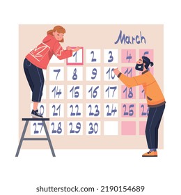 Man and Woman Character Planning Time and Event Marking Date on Huge Calendar and Managing Schedule Vector Illustration
