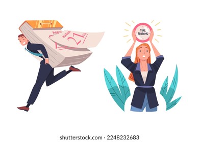 Man and Woman Character Planning Time with Clock and Calendar Vector Set
