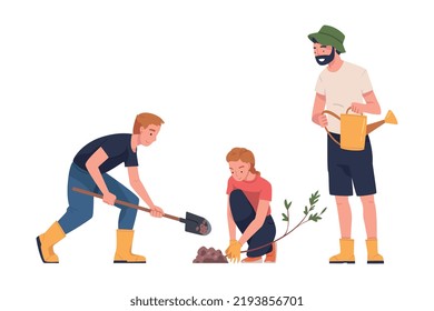 Man and Woman Character Planting Tree Sapling in Soil Taking Care of Planet and Nature Vector Illustration