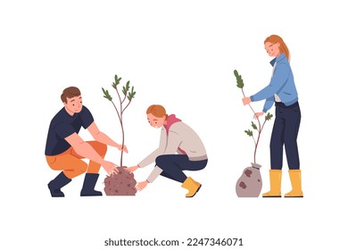 Man and Woman Character Planting Tree Sapling in Soil Taking Care of Planet and Nature Vector Set