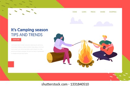 Man and Woman Character Playing Guitar Fries Marshmallow near Bonfire in Forest Landing Page. Nature Summer Outdoor Camping. Active Rest Concept Website or Web Page. Flat Cartoon Vector Illustration