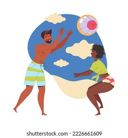 Man and Woman Character Playing Volleyball on Beach Enjoying Summer Vacation and Seaside Rest Vector Illustration