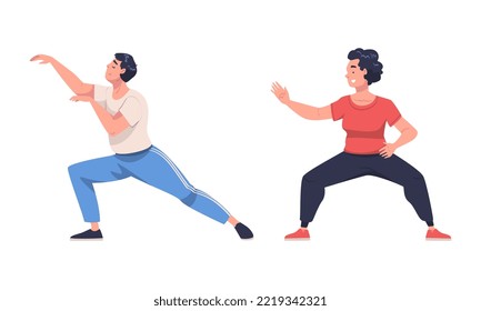 Man and Woman Character Practicing Tai Chi and Qigong Exercise as Internal Chinese Martial Art Vector Set