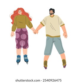 Hombre y Mujer Personaje Patinaje sobre ruedas Paseo en rodillos Ilustración vectorial