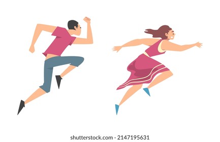 Man and Woman Character Running in a Hurry and Hasten Somewhere Vector Set